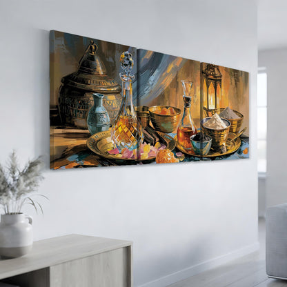 The image is a large painting depicting a table with various objects, including a vase, a bowl, a bottle, and a lamp.