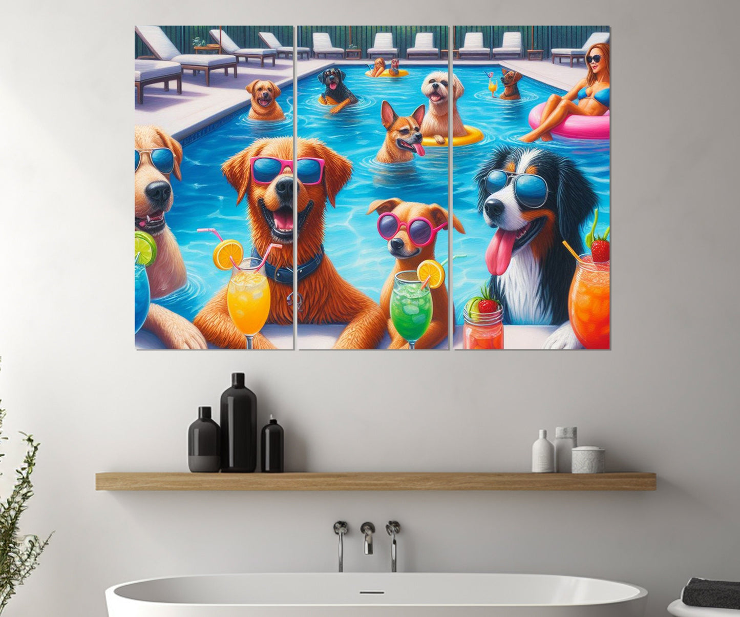 Pool Party Canvas Print - Dogs Pool Party Painting | Framed Cotton Canvas Wall Art