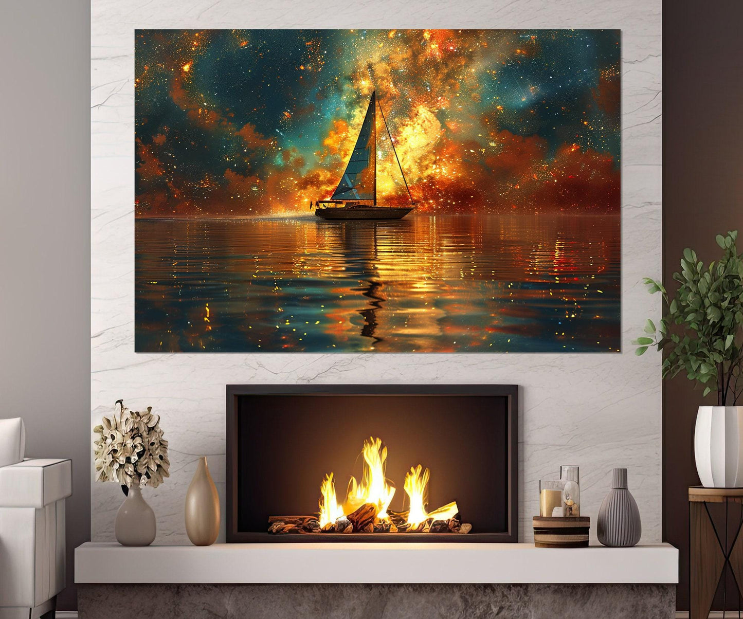 Milky Way Canvas Print – Abstract Galaxy Painting On Cotton Canvas With Sailboat Art
