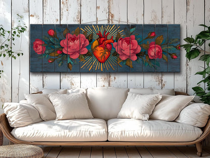 Sacred Heart Wall Art – Handcrafted Wood Wall Decor | Blooming Roses Print