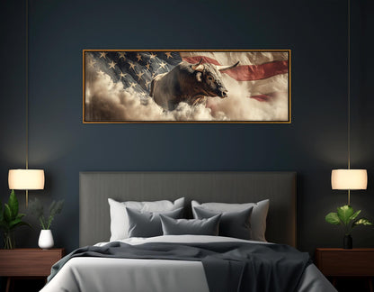 Rodeo Bull on the US Flag Canvas Print, Western Wall Art, Framed and Ready to Hang