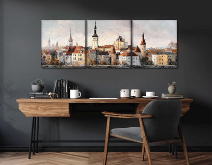 Vintage Tallinn Old Town Canvas Print, Retro Estonia Painting, Framed and Ready to Hang