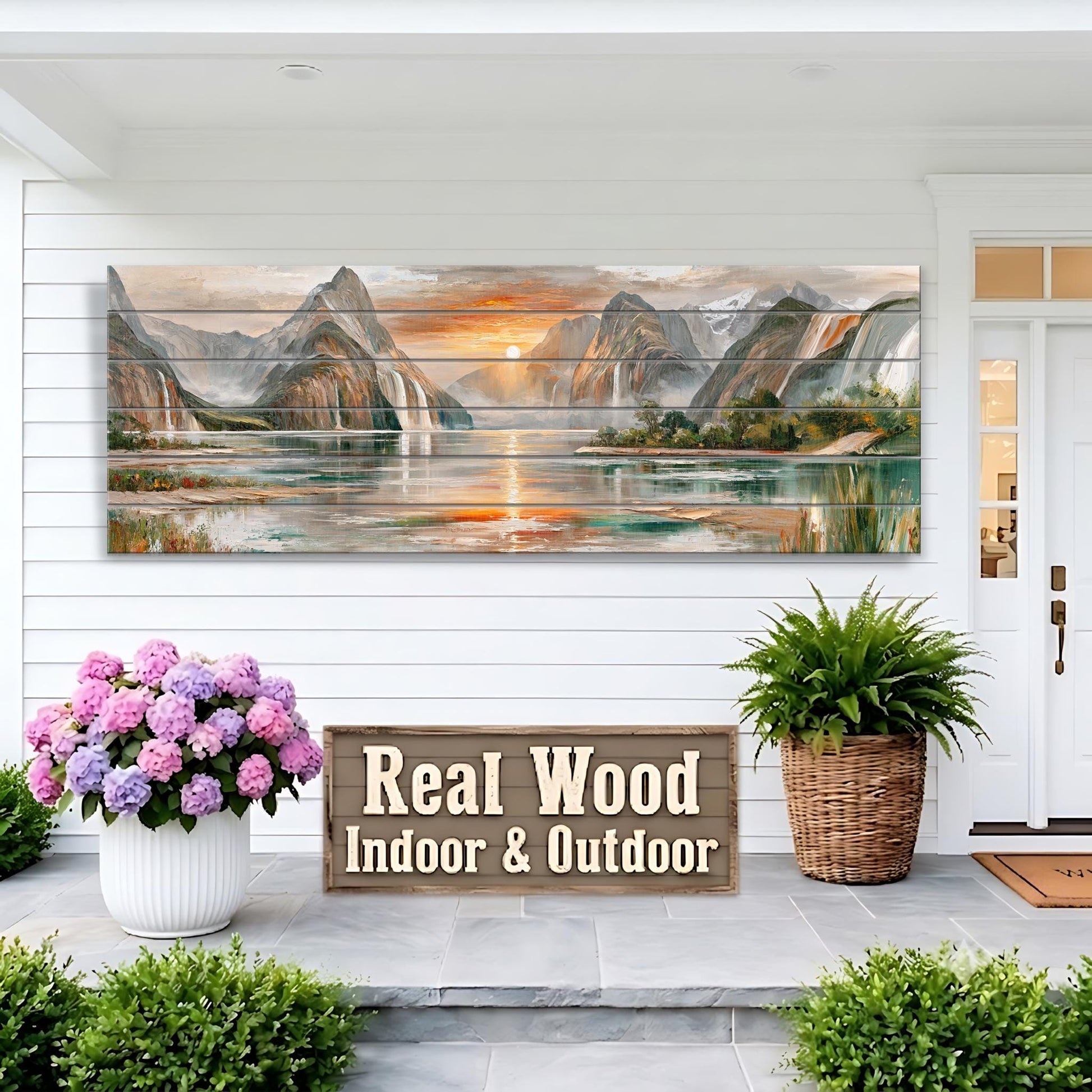 a large painting of a scenic landscape with mountains, a lake, and a sunset, displayed on the wall of a white house. The painting is framed and hangs above a wooden sign that reads "Real Wood Indoor & Outdoor". The house has a porch with potted plants, and there is a door visible on the right side of the image.