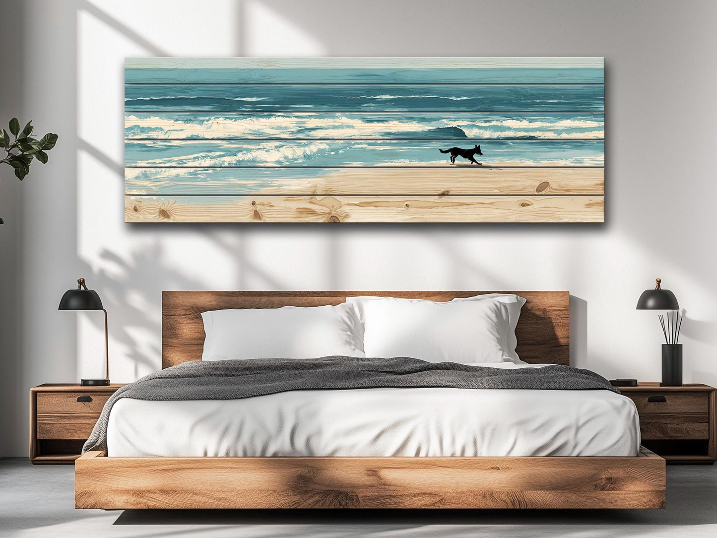 Coastal Wall Art – Dog Running on Beach Wood Print | Rustic Natural Decor