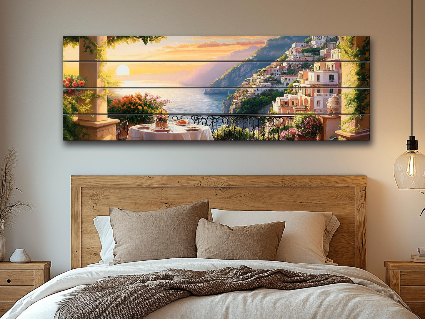 Amalfi Coast Wall Art – Panoramic Italian Landscape Wood Print on Wood with Rustic Texture