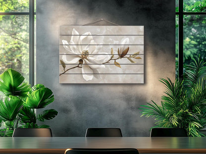 Wood Wall Art – Magnolia Flower Print | Natural Wood Decor, Modern Floral Painting