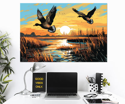 Ducks Canvas Print - Framed Wildlife Wall Art | Lake Sunset Art Ready to Hang