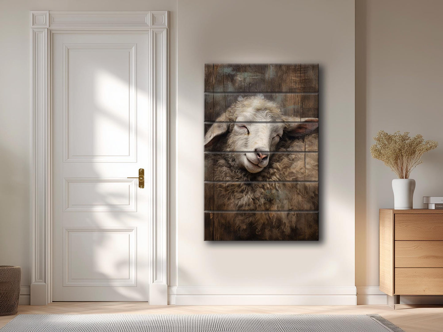 Sheep Sleeping Print on Natural Wood – Religious Wall Art