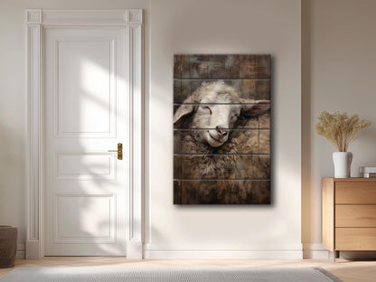 Sheep Sleeping Print on Natural Wood – Religious Wall Art