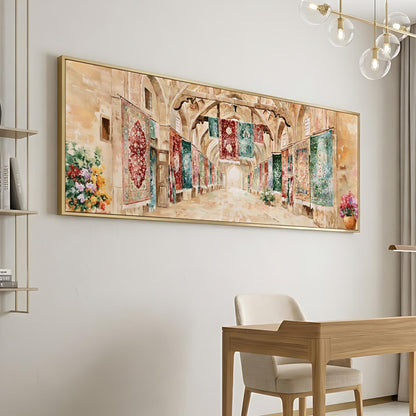 a large painting of a hallway with colorful tapestries hanging on the walls, creating a warm and inviting atmosphere.