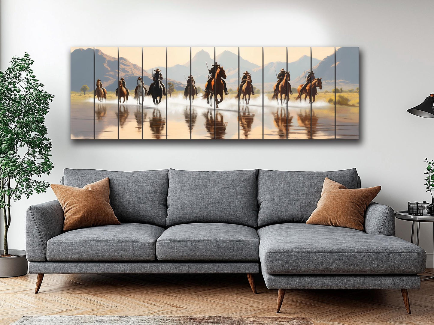 Retro Style Cowboys on Horses Print On Natural Wood -Wild West Wall Art