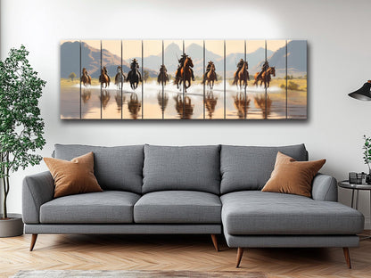 Retro Style Cowboys on Horses Print On Natural Wood -Wild West Wall Art