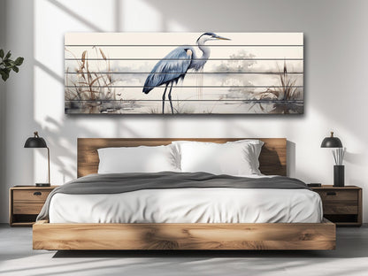 Rustic Heron Wall Art – Wooden Bird Print on Natural Wood Plank Artwork