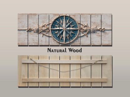 Compass Rose Wood Print – Nautical Wall Art | Rustic Coastal Decor with Anchor & Rope