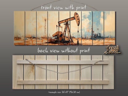 Wood Wall Art - Rustic Oil Well Print on Real Wood, Oil Industry Wall Art