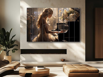 Rustic Piano Wall Art - Wooden Piano Print of Pianist Girl, Framed & Ready to Hang