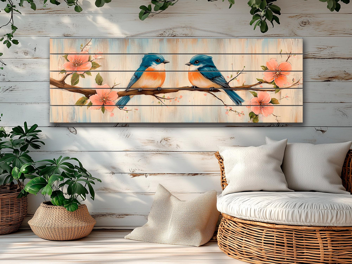 Wood Wall Art - Chubby Bluebirds on a Flowering Branch Print on Natural Wood, Birds Wall Art, Cozy Cabin Wall Decor, Rustic Bluebirds Print