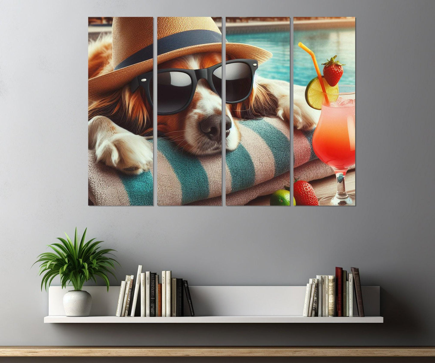 Dog Wall Art - Funny Dog Canvas with Hat and Glasses | Pool Wall Decor, Framed Canvas Print