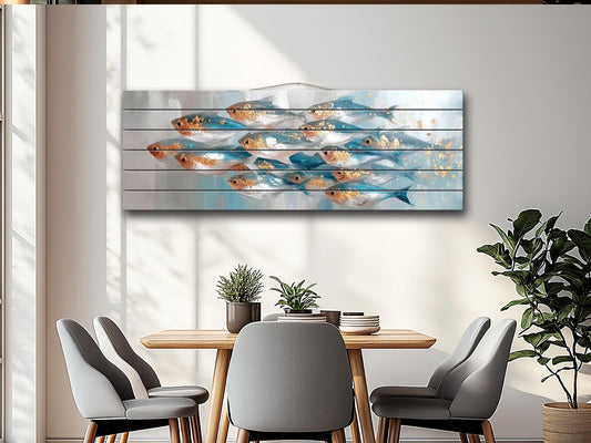 School of Fish Print on Wood, Marine Abstract Painting, Coastal Wall Art