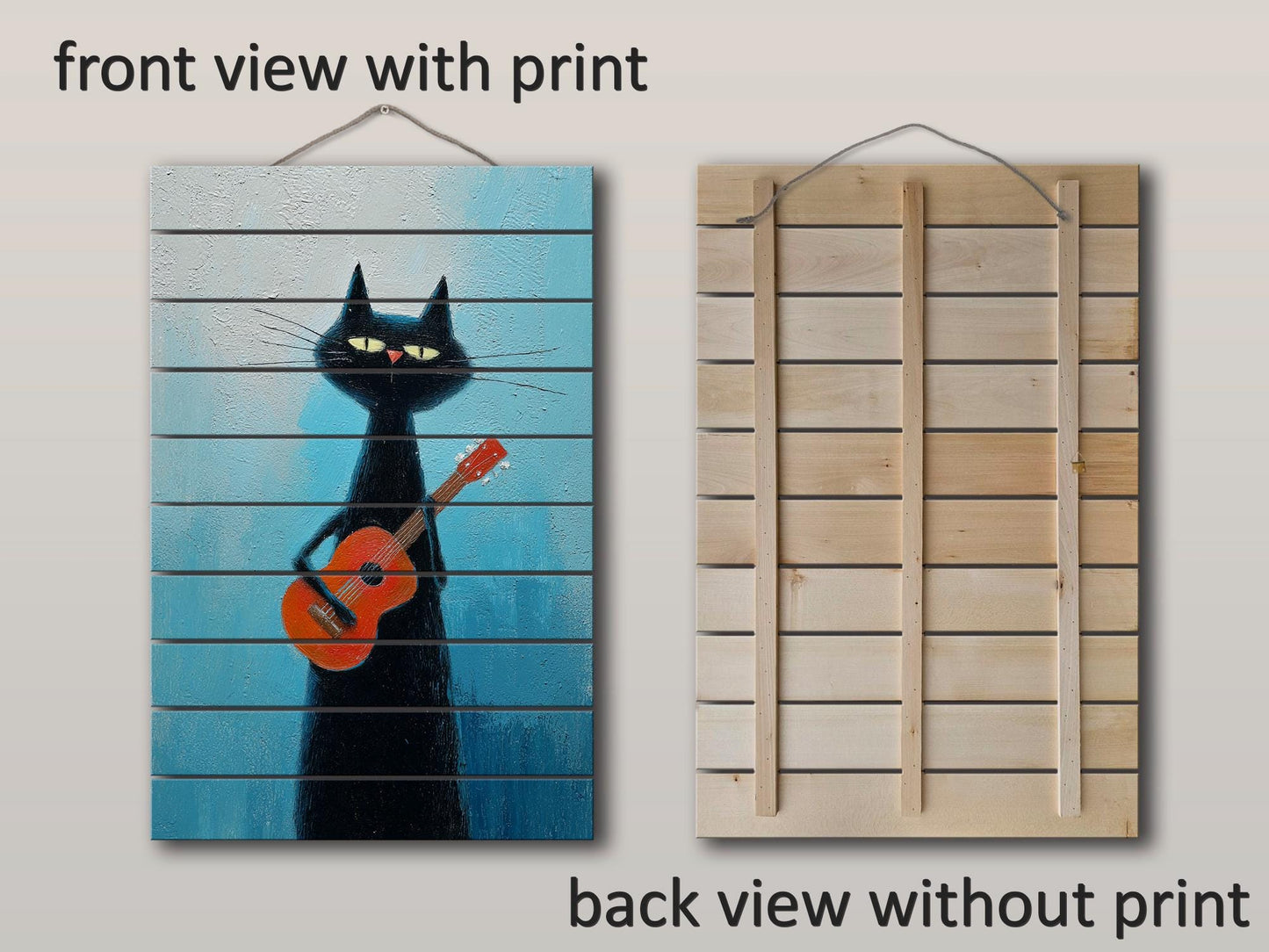 Cat Wood Wall Art – Rustic Siamese Cat Print with Ukulele on Natural Wood
