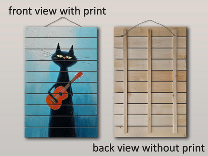 Cat Wood Wall Art – Rustic Siamese Cat Print with Ukulele on Natural Wood
