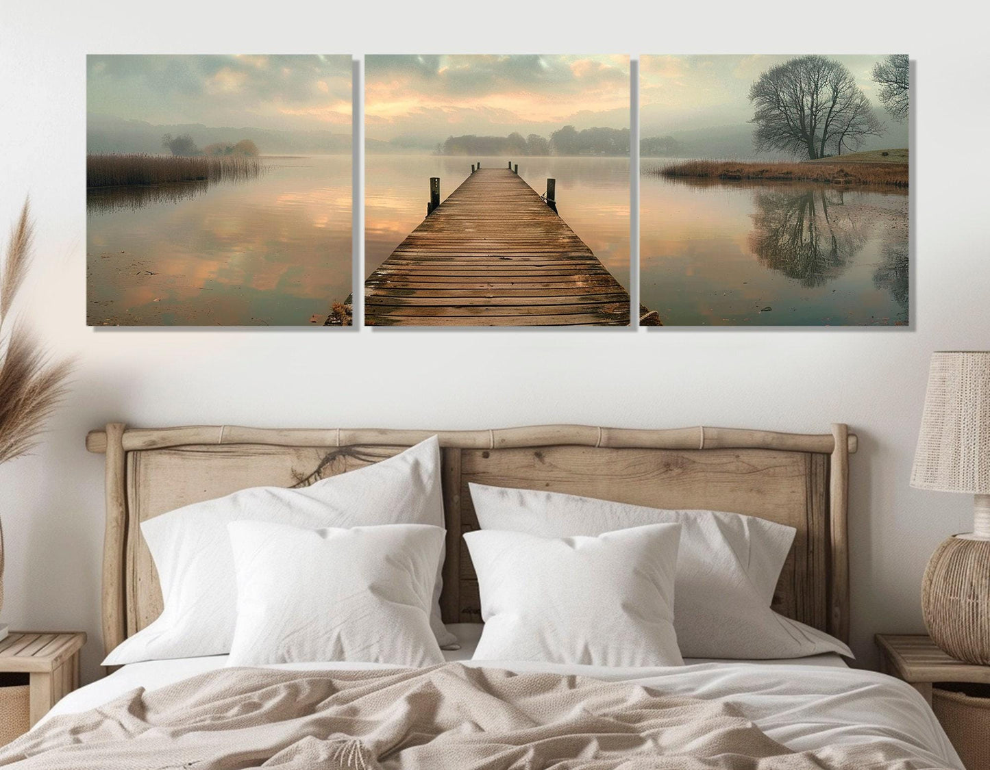 Old Fishing Bridge Canvas - Large Scenic Lake Wall Art with Foggy Lake Painting