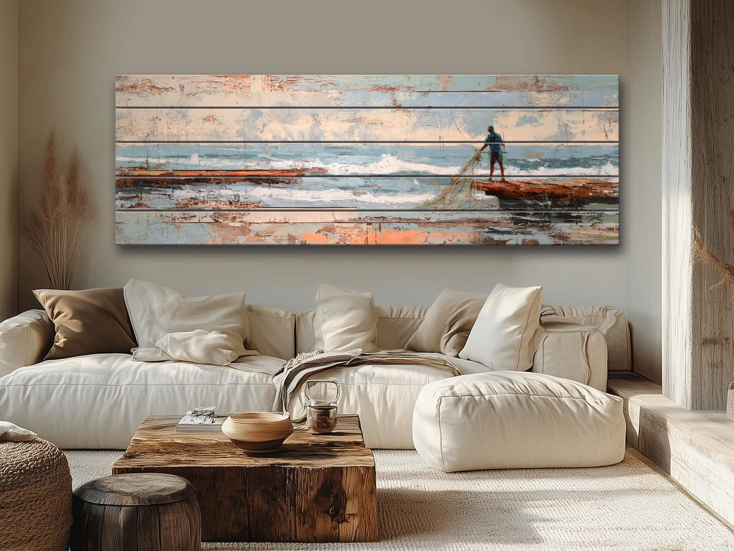 Fisherman Print Wood - Rustic Coastal Wall Art With Sea Nets & Calm Sky Painting