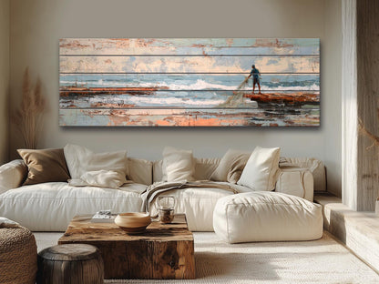 Fisherman Print Wood - Rustic Coastal Wall Art With Sea Nets & Calm Sky Painting