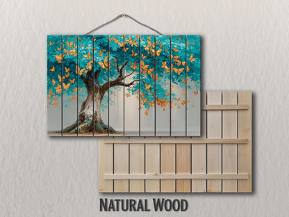 Tree Butterfly Wall Art – Abstract Tree Art Gold Turquoise Wood Wall Decor