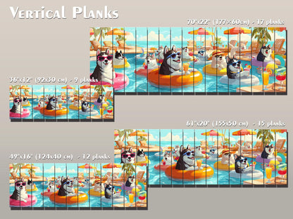 Funny Husky Wall Art – Playful Pool Party Print on Rustic Wood Decor