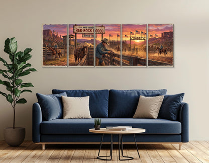 Rodeo Canvas Print, Panoramic Cowboy Arena Painting, Large Western Wall Art, Framed and Ready to Hang