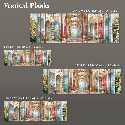 a collection of four different sizes of vertical planks, each depicting a colorful and intricate architectural scene. The planks vary in size, ranging from 70"22" (177"60") to 17" (47") planks. The planks are arranged in a grid-like pattern, showcasing the different dimensions and perspectives of the architectural designs.