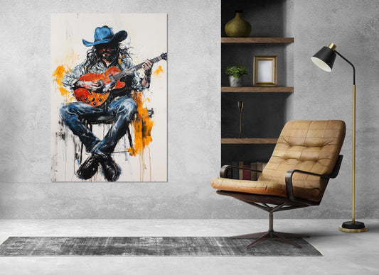 Cowboy Guitar Canvas – Abstract Guitar Print Framed Canvas Art Ready to Hang