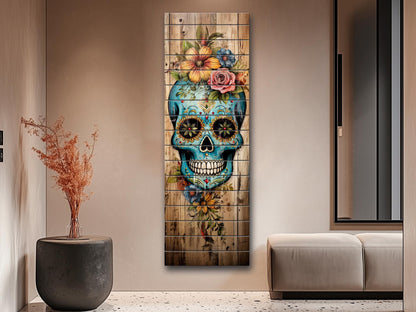 Mexican Sugar Skull Art – Rustic Wood Wall Decor | Vibrant Floral Skull Print