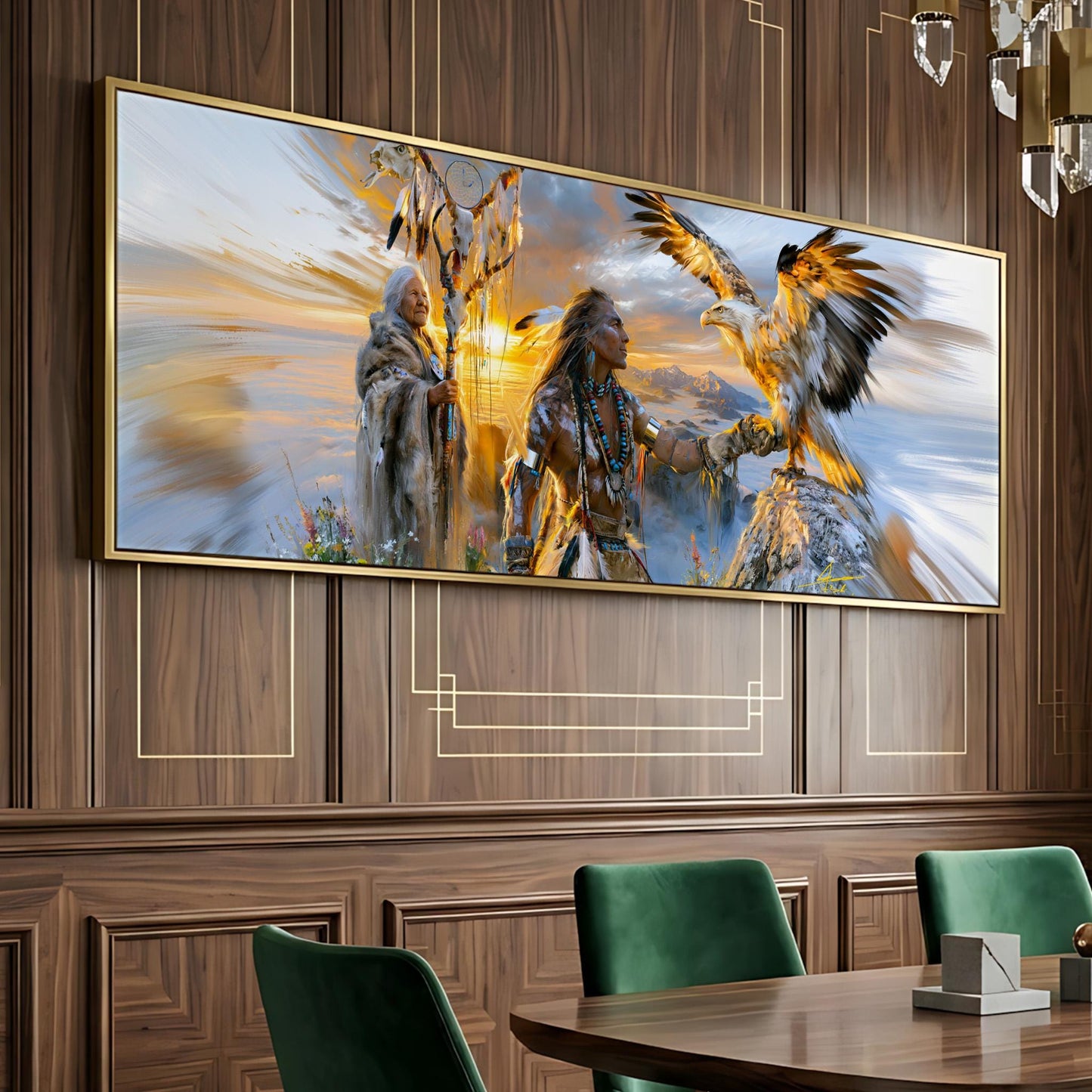 a large, framed painting depicting a Native American scene with a man and a bird, possibly a bird of prey, in a dramatic pose.