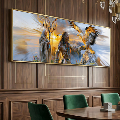 a large, framed painting depicting a Native American scene with a man and a bird, possibly a bird of prey, in a dramatic pose.