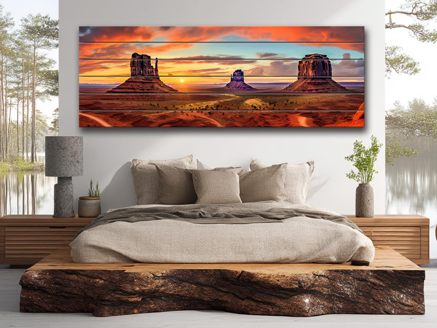 Red Rocks Wood Art – Monument Valley Painting on Natural Wood Planks | Rustic Wall Decor