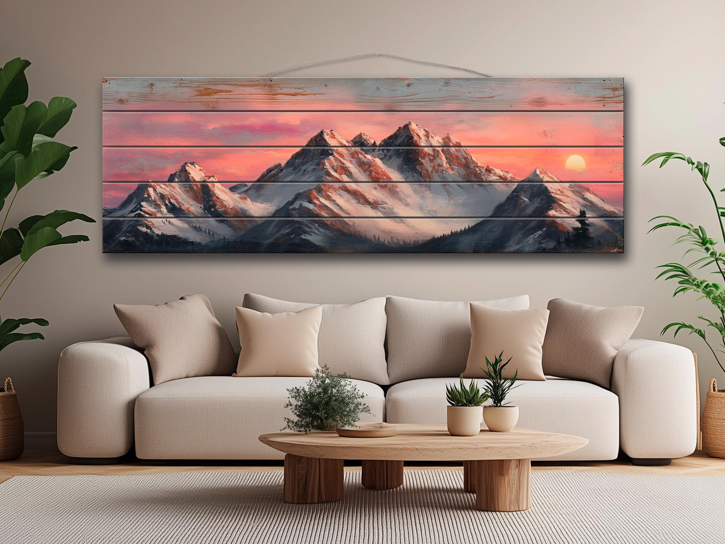 Mountain Landscape at Sunset with Snow-Capped Peaks Print on Natural Wood, Mountains Sunset Painting, Mountains Rustic Wood Wall Art