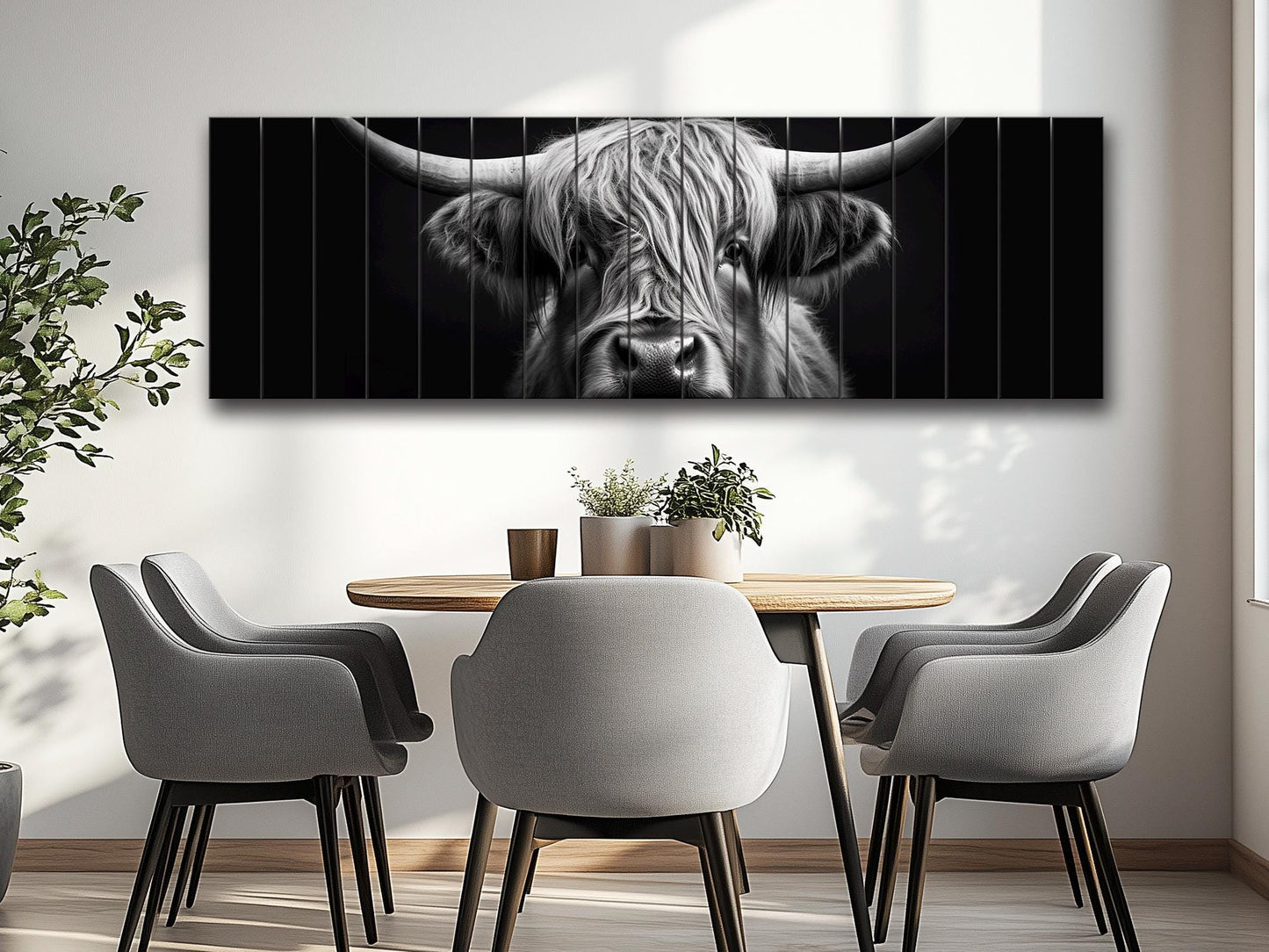 Highland Cow Wall Art – Rustic Farmhouse Wood Decor | Black And White Cow Print