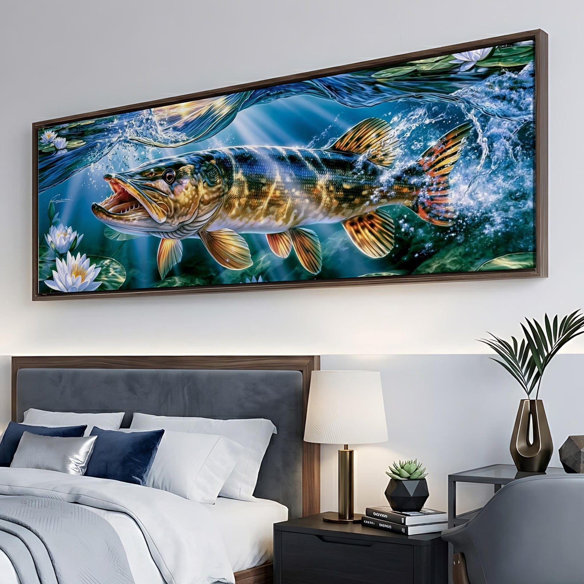 a large painting of a fish swimming in water, hanging on a wall above a bed with white bedding.
