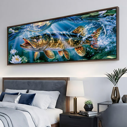 a large painting of a fish swimming in water, hanging on a wall above a bed with white bedding.