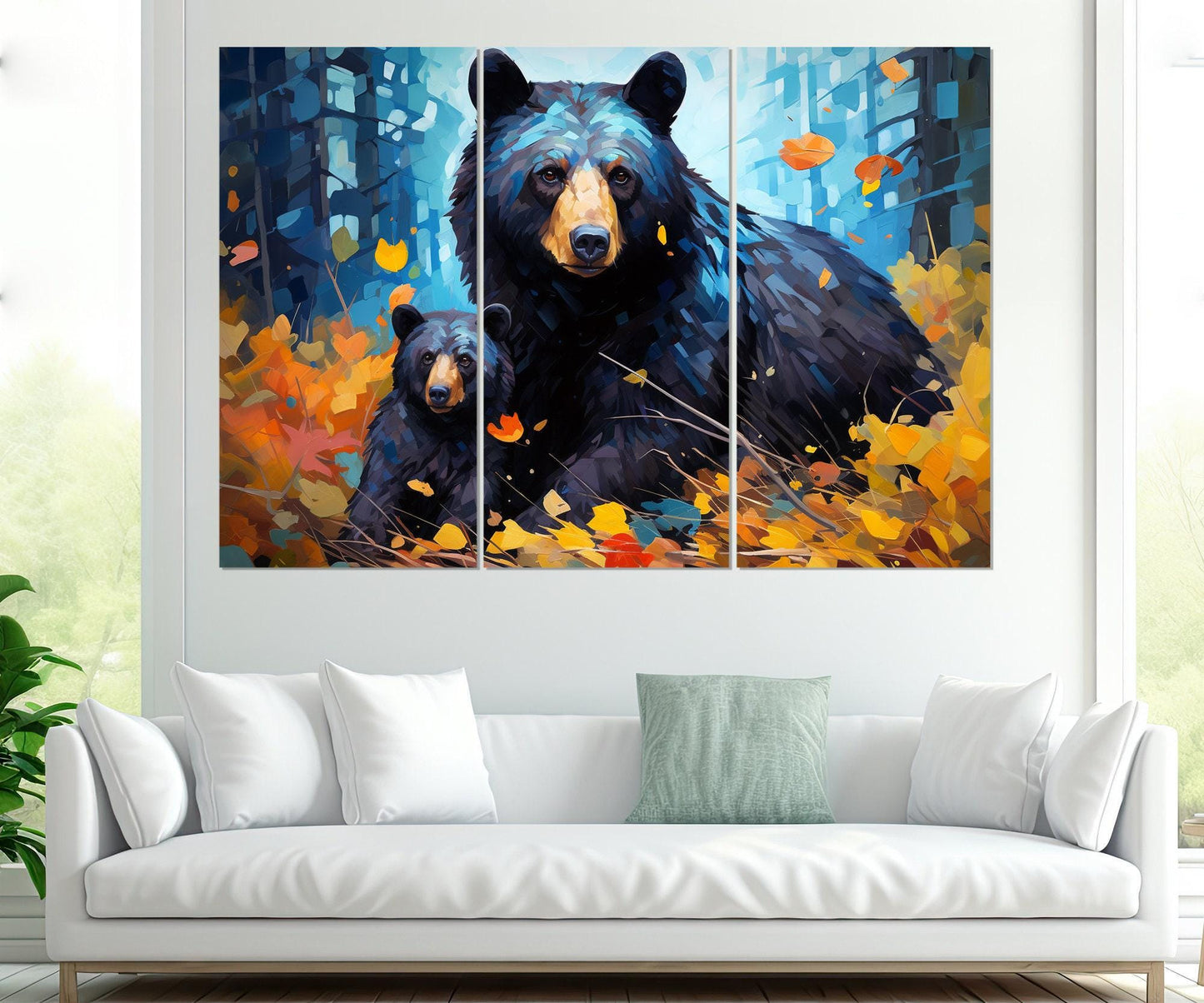 Black Bear Canvas - Kids Room Decor | Framed Wildlife Family Painting Ready to Hang