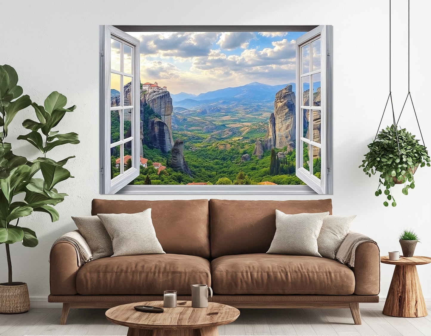 Greece Canvas Print – Open Window Wall Art of Meteora Monasteries | Ready to Hang Framed Canvas