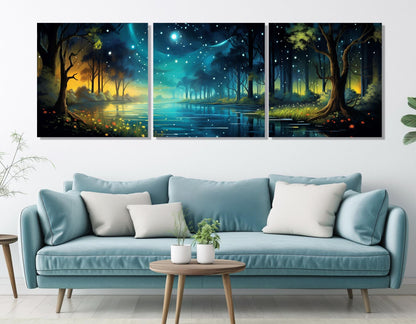 Fantasy Forest Canvas Print - Night Forest Painting With Fireflies, Ready To Hang