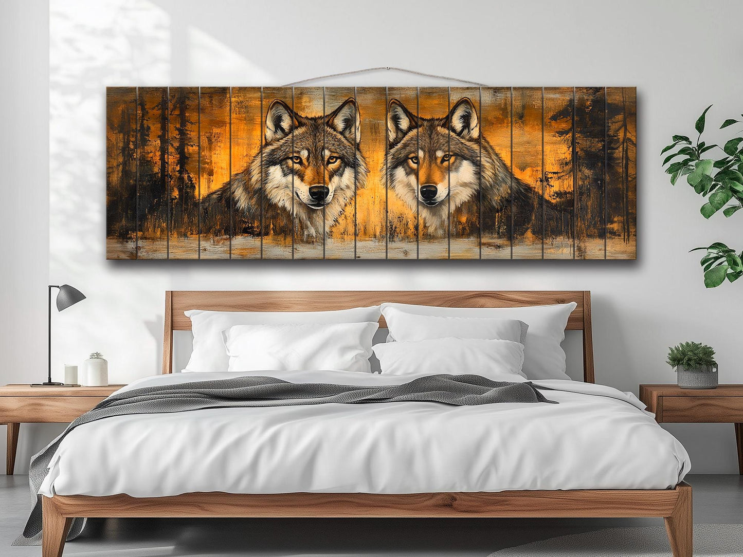 Rustic Wood Wall Art - Wolves Couple Art on Natural Wood Plank Painting