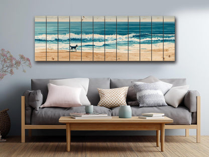 Coastal Beach Wall Art – Running Dog Print on Rustic Wood for Beach House Decor