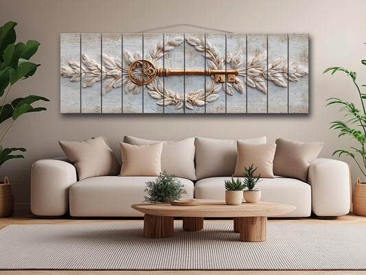 Wood Wall Decor – Rustic Wood Art with Laurel Wreath and Vintage Key Print