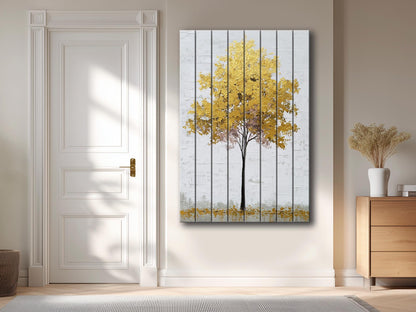 Golden Tree Wall Art – Elegant Rustic Wood Print With Gold Leaf Tree Design