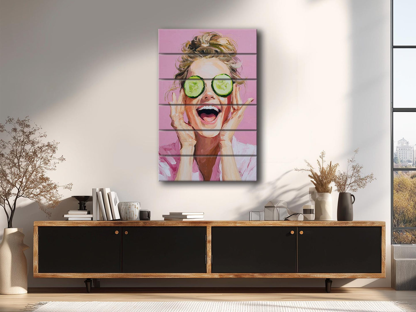 Spa Print Wood - Blonde Woman Cucumber Spa Print on Natural Wood Wall Art