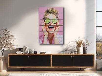 Spa Print Wood - Blonde Woman Cucumber Spa Print on Natural Wood Wall Art